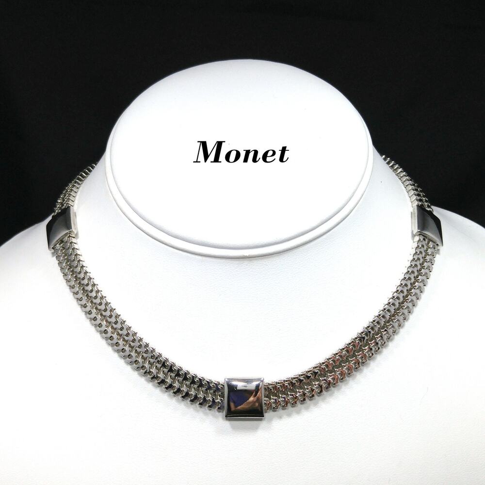 Vintage Monet Silver Tone Box Chain Choker Necklace Adjustable